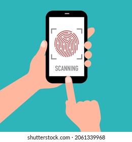 Hand holding smartphone with fingerprint scanning in flat design. Fingerprint identification or authentication vector illustration.