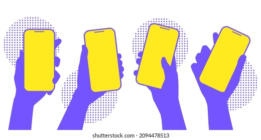 Hand holding smartphone flat design vetor illustration with purple and yellow color on white background