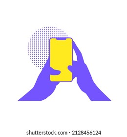 Hand holding smartphone flat design vetor illustration with purple and yellow color on white background