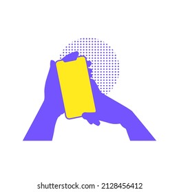 Hand holding smartphone flat design vetor illustration with purple and yellow color on white background