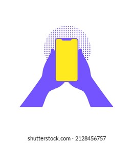 Hand holding smartphone flat design vetor illustration with purple and yellow color on white background