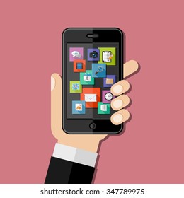 Hand holding smartphone. Flat design. Vector illustration.