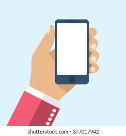 Hand holding smartphone. Flat design, vector. Phone in hand man. Isolated mobile phone icon in the hand. Display blank.