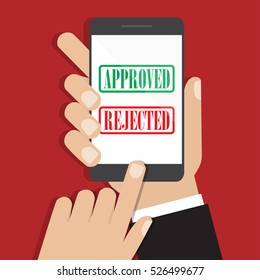 Hand holding smartphone in a flat design. Receiving phone approved. Vector illustration eps10