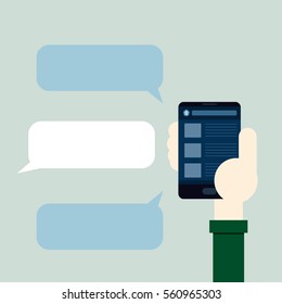 Hand holding smart-phone flat design with text box