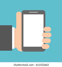 Mano sosteniendo el smartphone. Diseño plano