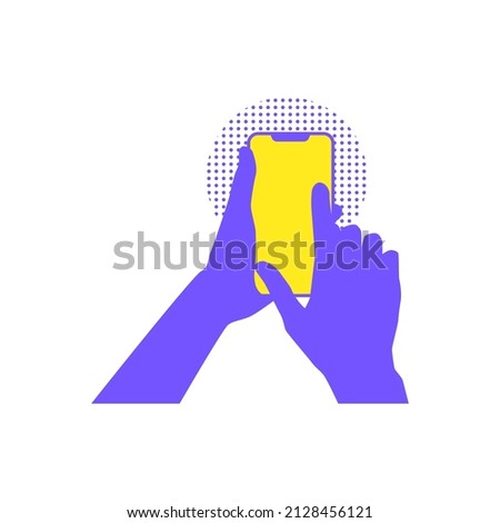 Hand holding smartphone flat design vetor illustration with purple and yellow color on white background