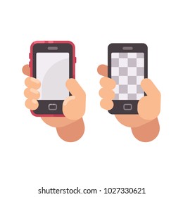 Hand holding a smartphone flat icon. Transparent background