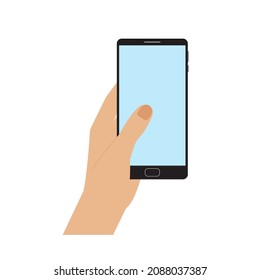 Hand, die Smartphone hält, flach, Catroon. Mobiles Gerät mit leerem Bildschirm. Flachstil, minimalistisches Design. Platz für Ihr Bild oder Text. Einzeln. Vektorgrafik