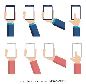 Hand holding smartphone in flat vector illustration set