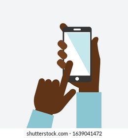 Hand holding smartphone. Flat vector illustration. Hand holding black smartphone, touching blank white screen. Using mobile smart phone.