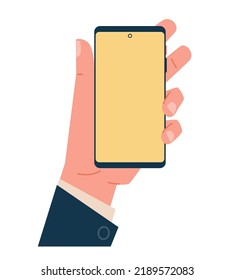 Hand holding smartphone. Flat vector illustration on isolated white background