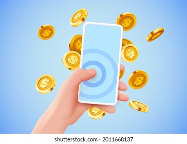 Hand holding smartphone with flying dollar coins. Online banking concept. Vector illustration
