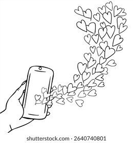 Mão segurando smartphone com corações voadores mínima ilustração vetor preto e branco. Exprimir sentimentos online. Para conceitos de mídia social, aplicativos de namoro e design de comunicação digital