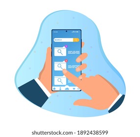 Hand hält Smartphone mit Ordnersuche. Man sucht nach einem Ordner auf dem Touchscreen-Gerät mit verschiedenen Ordnern und Listen. Flaches Cartoon, Vektorgrafik