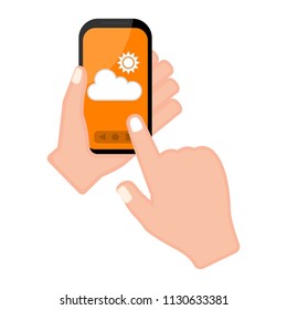 Hand holding a smartphone with a forecast app