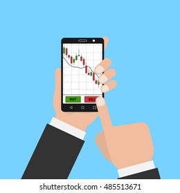Hand holding smartphone with forex stock chart. Stock trade application on smartphone . Digital device with forex stock diagram. Vector illustration.