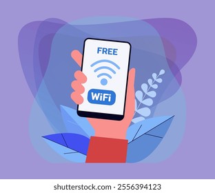 Hand holding smartphone with free Wi-Fi symbol on screen. Person connecting to public internet without password flat vector illustration. Network connection concept for banner or landing page