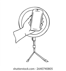 Mano que sostiene el smartphone delante de la Ilustración vectorial ligera del anillo pintada por las tintas negras. Video doméstico que dispara el boceto gráfico para la creación de contenido de redes sociales, vlogging, concepto de marketing de influencers.