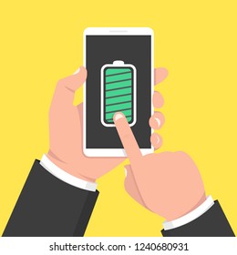 Hand holding smartphone with full battery on the screen. Vector illustration.