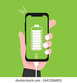 Hand holding  smartphone with full  battery icon showing up on the device screen, full battery, with isolated  background vector illustration.
