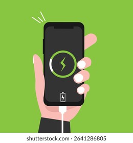 Hand holding  smartphone with full  battery icon showing up on the device screen, full battery, with isolated  background vector illustration.