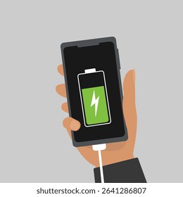 Hand holding  smartphone with full  battery icon showing up on the device screen, full battery, with isolated  background vector illustration.
