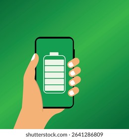 Hand holding  smartphone with full  battery icon showing up on the device screen, full battery, with isolated  background vector illustration.
