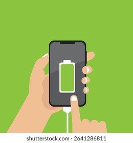 Hand holding  smartphone with full  battery icon showing up on the device screen, full battery, with isolated  background vector illustration.
