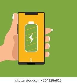 Hand holding  smartphone with full  battery icon showing up on the device screen, full battery, with isolated  background vector illustration.
