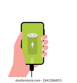 Hand holding  smartphone with full  battery icon showing up on the device screen, full battery, with isolated  background vector illustration.
