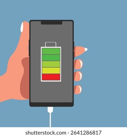 Hand holding  smartphone with full  battery icon showing up on the device screen, full battery, with isolated  background vector illustration.
