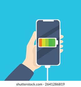 Hand holding  smartphone with full  battery icon showing up on the device screen, full battery, with isolated  background vector illustration.
