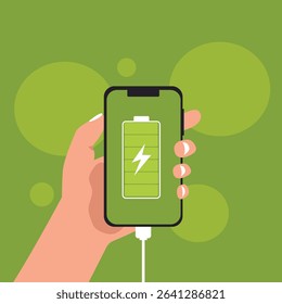 Hand holding  smartphone with full  battery icon showing up on the device screen, full battery, with isolated  background vector illustration.
