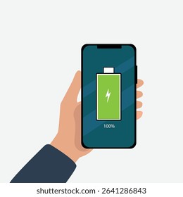 Hand holding  smartphone with full  battery icon showing up on the device screen, full battery, with isolated  background vector illustration.
