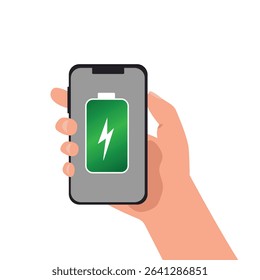 Hand holding  smartphone with full  battery icon showing up on the device screen, full battery, with isolated  background vector illustration.
