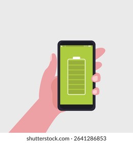 Hand holding  smartphone with full  battery icon showing up on the device screen, full battery, with isolated  background vector illustration.
