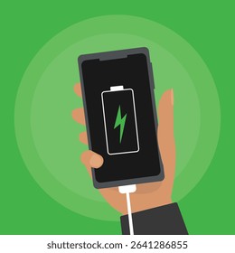 Hand holding  smartphone with full  battery icon showing up on the device screen, full battery, with isolated  background vector illustration.
