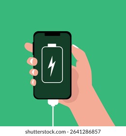 Hand holding  smartphone with full  battery icon showing up on the device screen, full battery, with isolated  background vector illustration.
