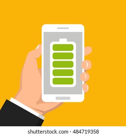 Hand holding smartphone with full battery on the screen. Flat vector illustration.