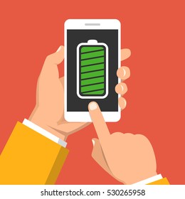 Hand holding smartphone with full battery on the screen. Flat vector illustration.