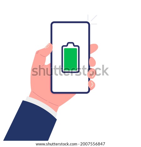 Hand holding smartphone with full battery on the screen. Vector illustration.