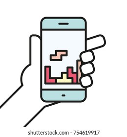 Hand holding smartphone gaming linear icon line vector illustration. Smartphone play game app symbol. 