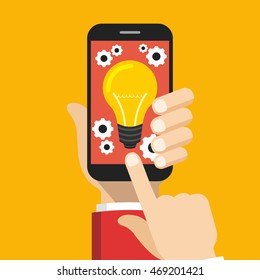 Hand holding smartphone with gears and light bulb on the screen. Mobile development concept. Flat vector illustration.
