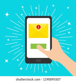 Hand holding smartphone. Genering tablet gadget. Tab. Email icon. Paper envelope letter. Green button. New message sign symbol. Unread notification. Shining effect. Flat design. Blue background Vector