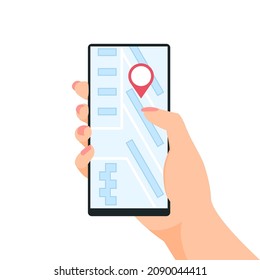 Mano sosteniendo un smartphone con una marca de geolocalización en un mapa de navegación. Ilustración vectorial de estilo plano aislada en un fondo blanco.