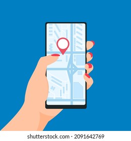 Hand holding smartphone with a geolocation mark on a navigation map. Vector illustration in flat style on a blue background.