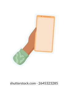 Hand holding smartphone. Gesture of a user with a mobile device. Simple blank sticker design, digital concept, ideal for app templates or promotional media.