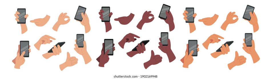 Hand holding smartphone. Gestures ok and cool. Forefinger. 