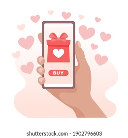 Hand Holding Smartphone With Gift Box On The Screen. Valentine's Day Online Shopping From Home. Online Gift Delivery Service For  Birthday, Valentine Day. Vector Flat Illustration.